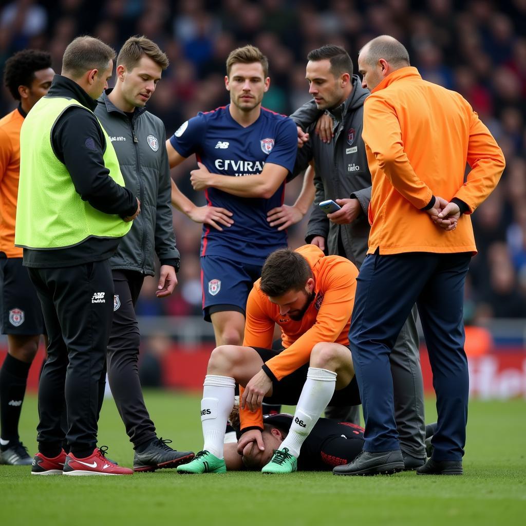 Medical team attending to an injured football player on the field.