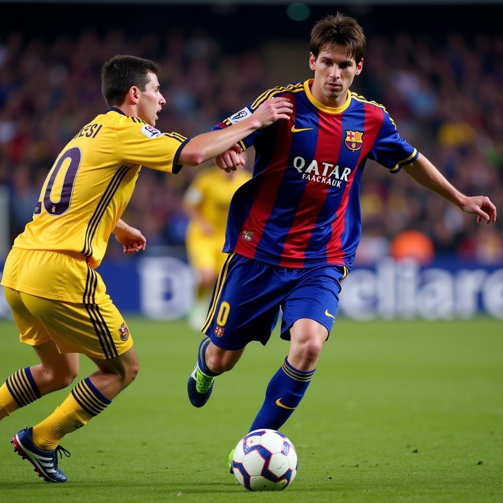 A young Messi dribbling past an opponent in a Barcelona jersey in 2005.