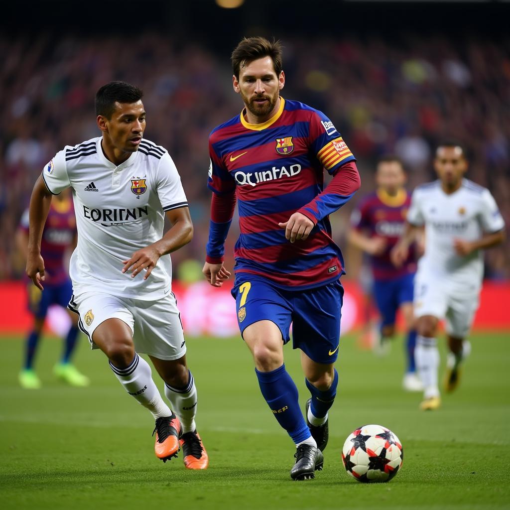 Lionel Messi dribbling past multiple defenders