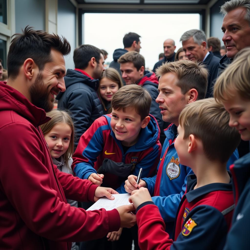 Messi and Haaland interacting with fans after a match.