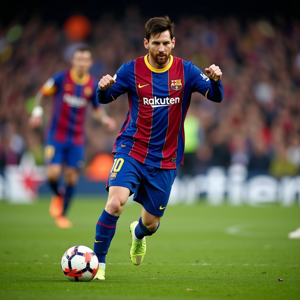 Lionel Messi dribbling past defenders in his Barcelona number 10 jersey.