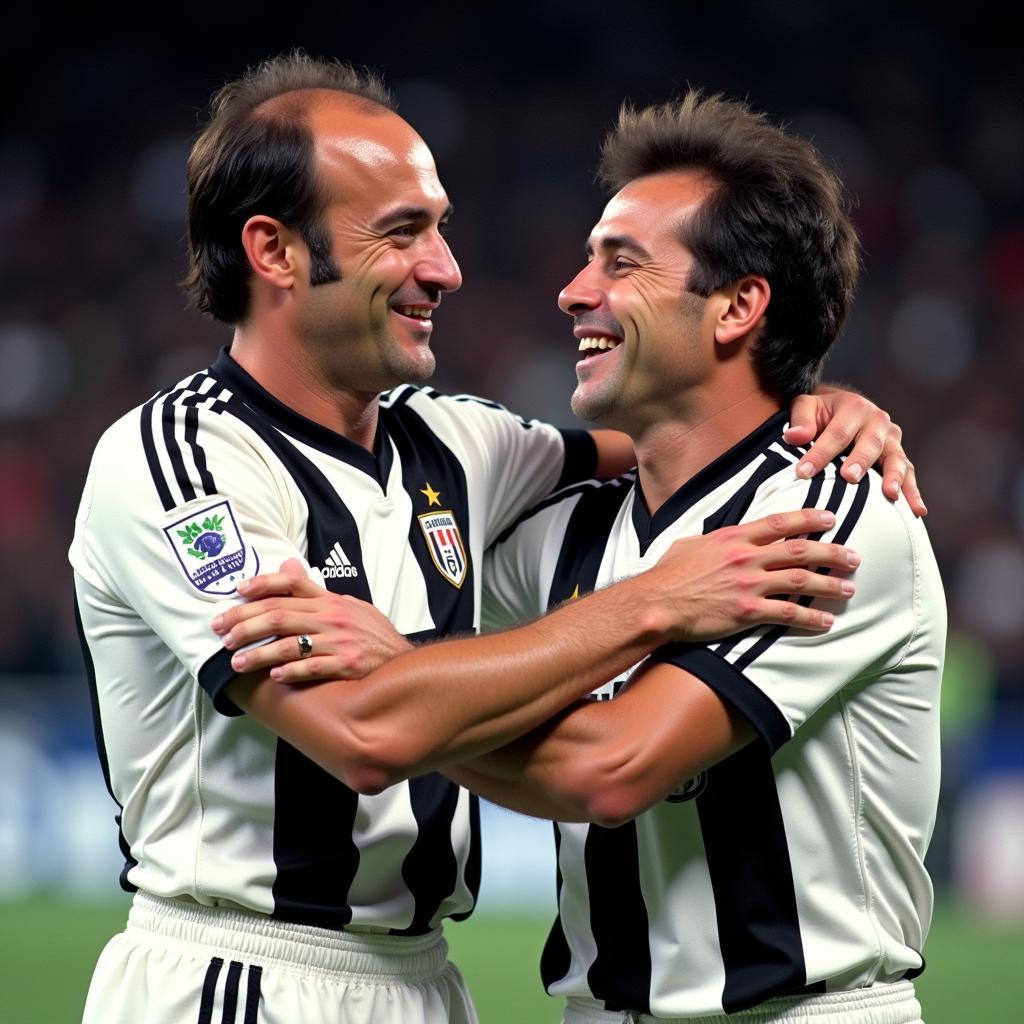 Michel Platini and Zino Zidane in Juventus jerseys