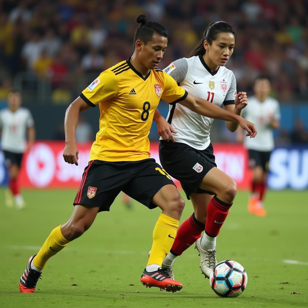 A modern Indonesian number 8 skillfully dribbles past an opponent, demonstrating agility and ball control in a fast-paced game.