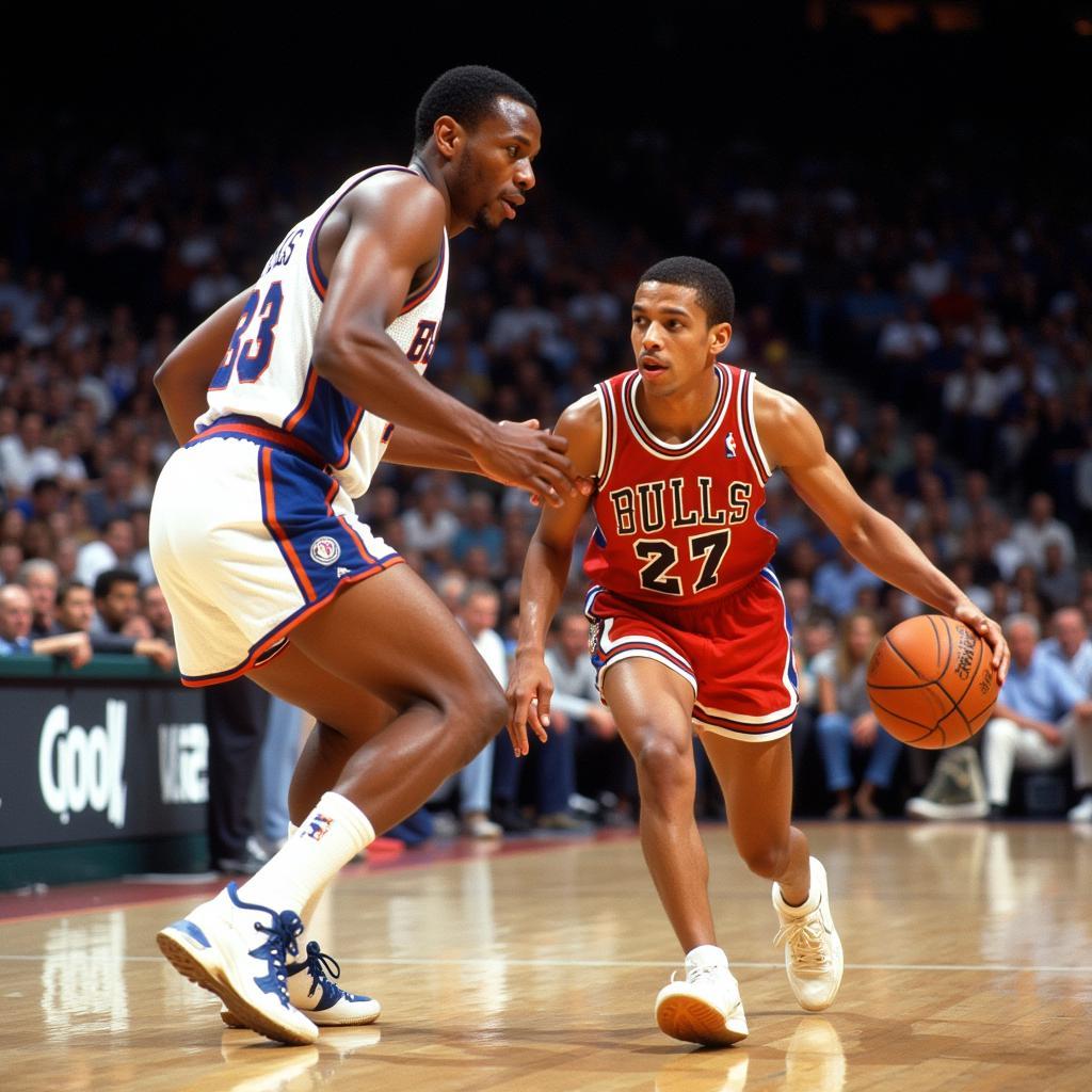 Muggsy Bogues dribbling past a defender