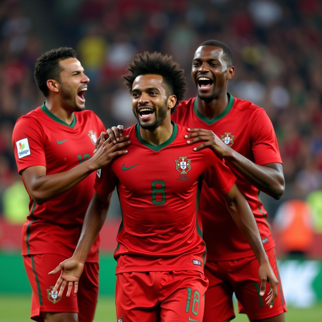 Nani celebrating a goal with his Portugal teammates, showcasing his passion and commitment to the national team