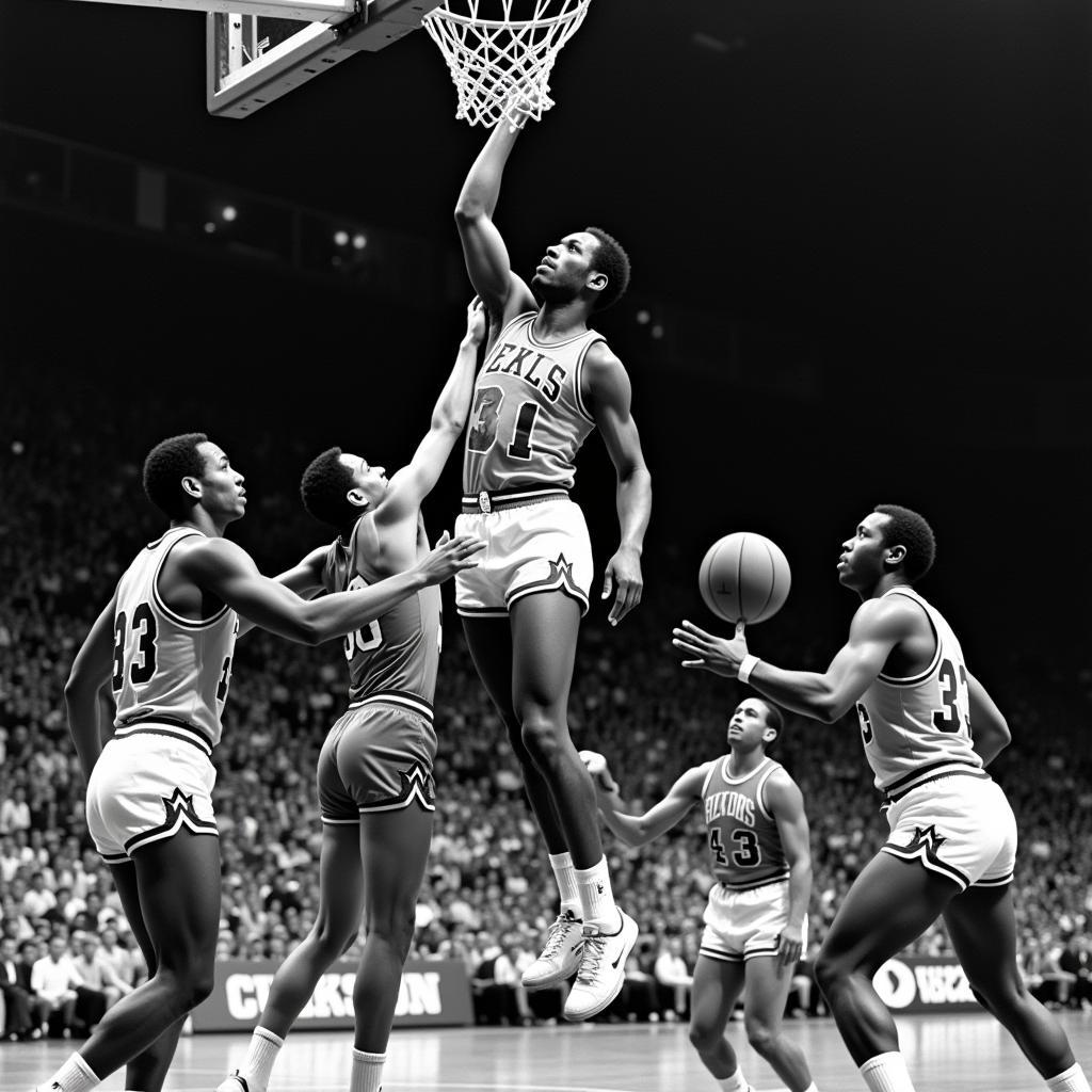 Wilt Chamberlain dominating the rebound against several opponents.