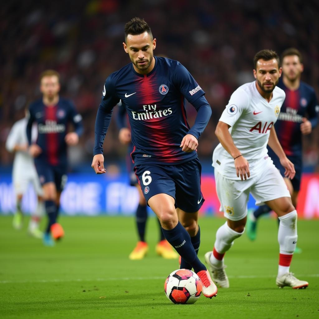 Neymar dribbling past defenders in a PSG match in 2017