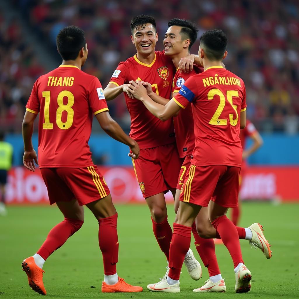 Two Nguyen Duc Thang footballers celebrating a goal