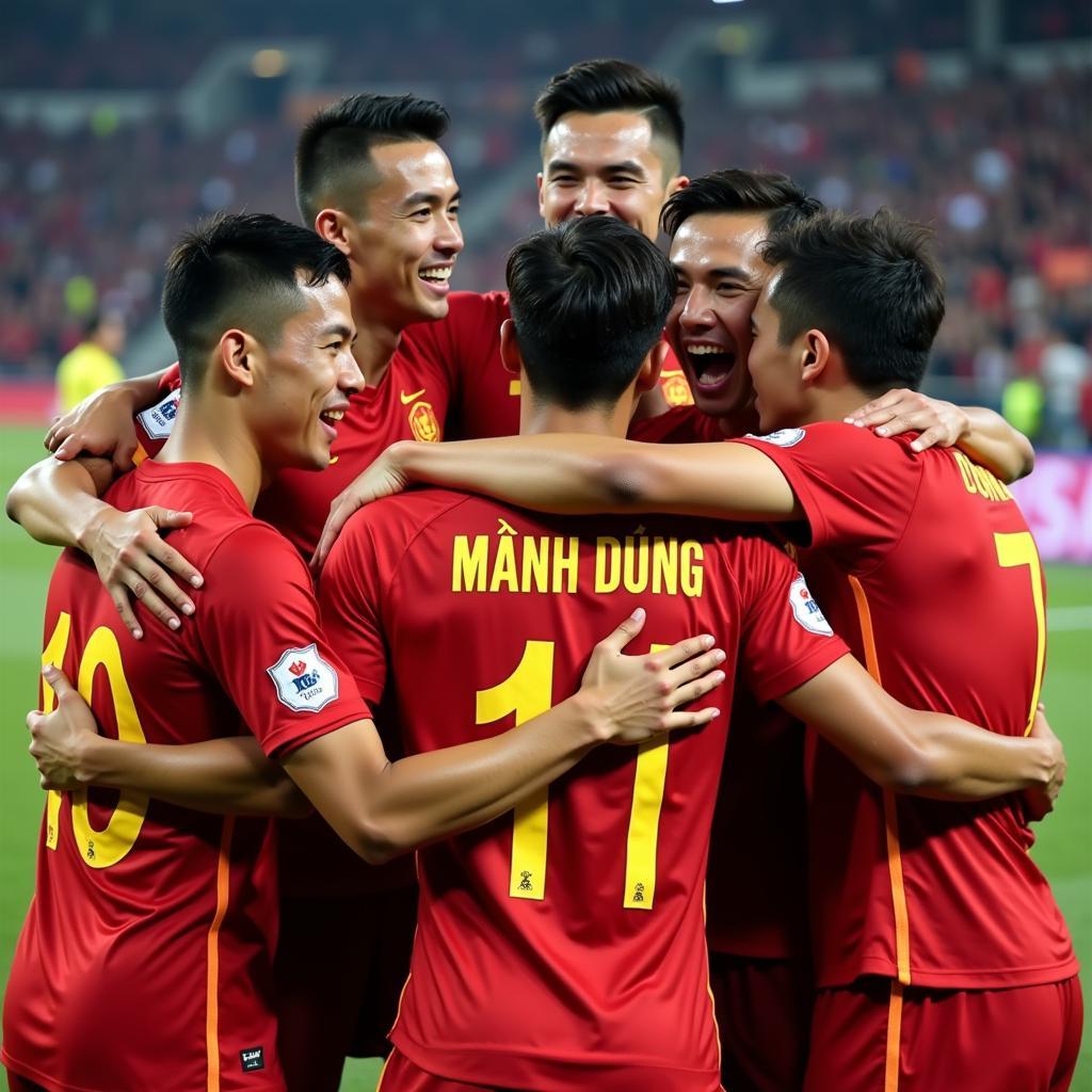 Nguyen Manh Dung celebrates a victory with his teammates.