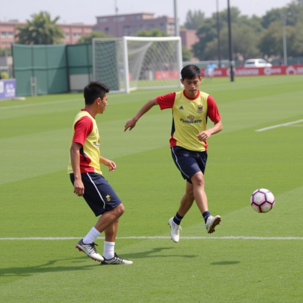 Nguyen Thanh Binh demonstrating his passing skills during training with U19 VFFTE.