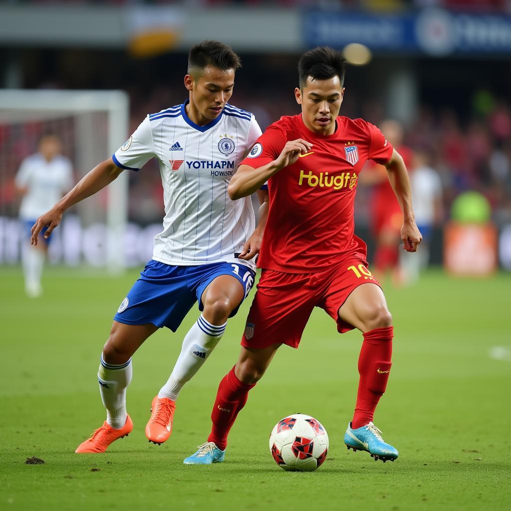 Nguyen Trung Tin competing in a football match, showcasing his speed and agility.