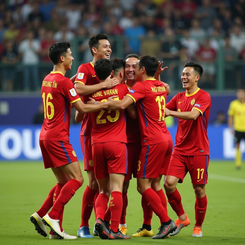 Nguyen Trung Tin celebrating a goal with his teammates, highlighting the importance of teamwork in football.