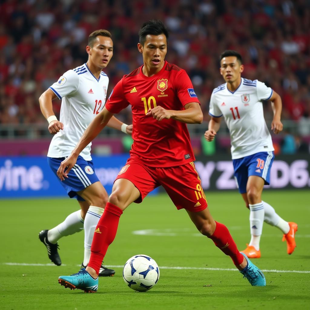 Nguyen Tuan Anh dominating the midfield in a crucial match for the Vietnamese national team.