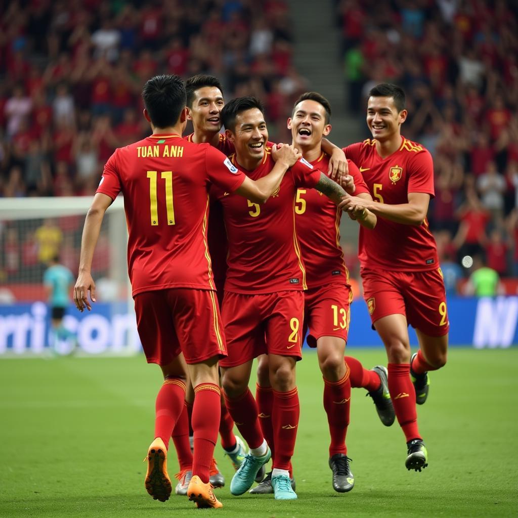 Nguyen Tuan Anh celebrating a victory with the Vietnamese national team.