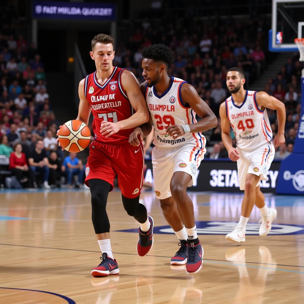 Olimpia Milano point guard driving to the basket during a game.