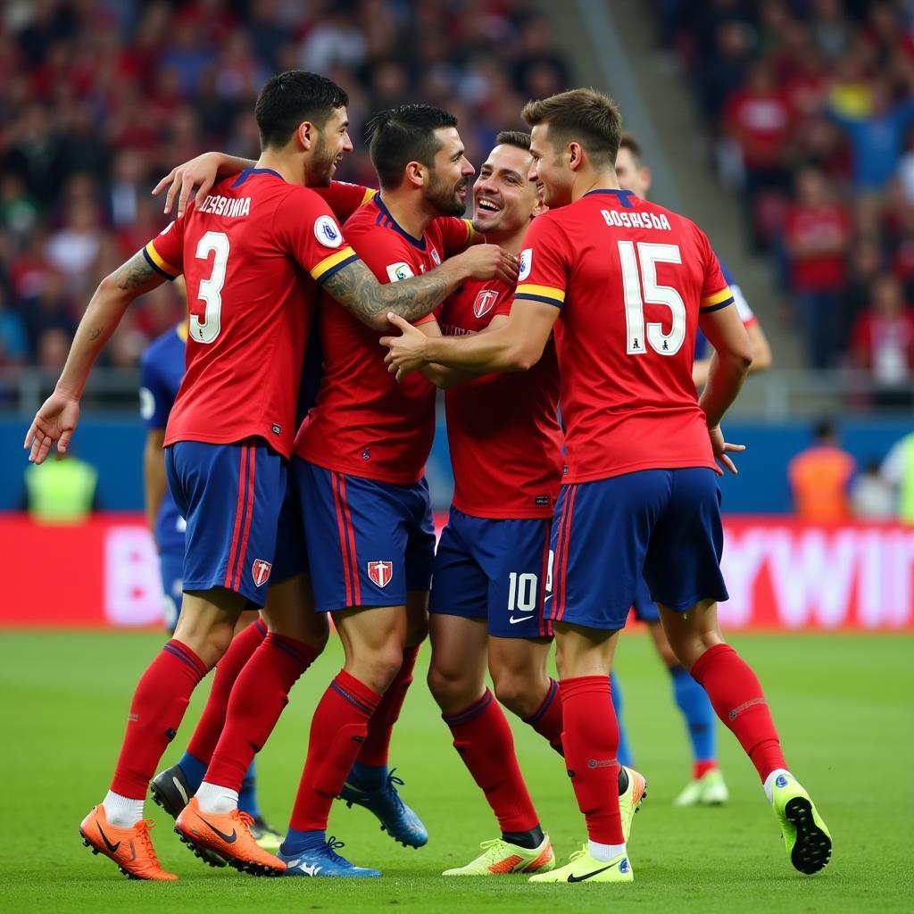 Osasuna players celebrating a goal together