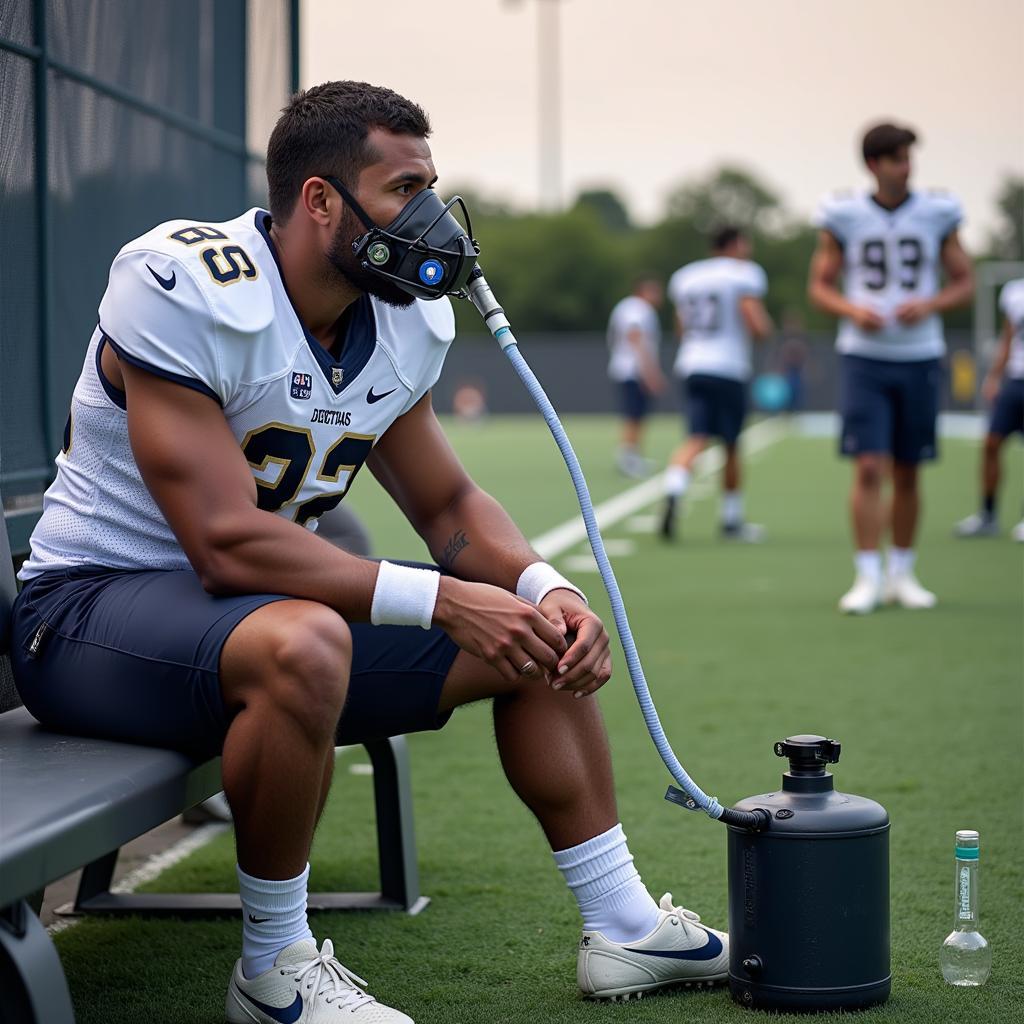 Football Player Using Oxygen Tank for Recovery