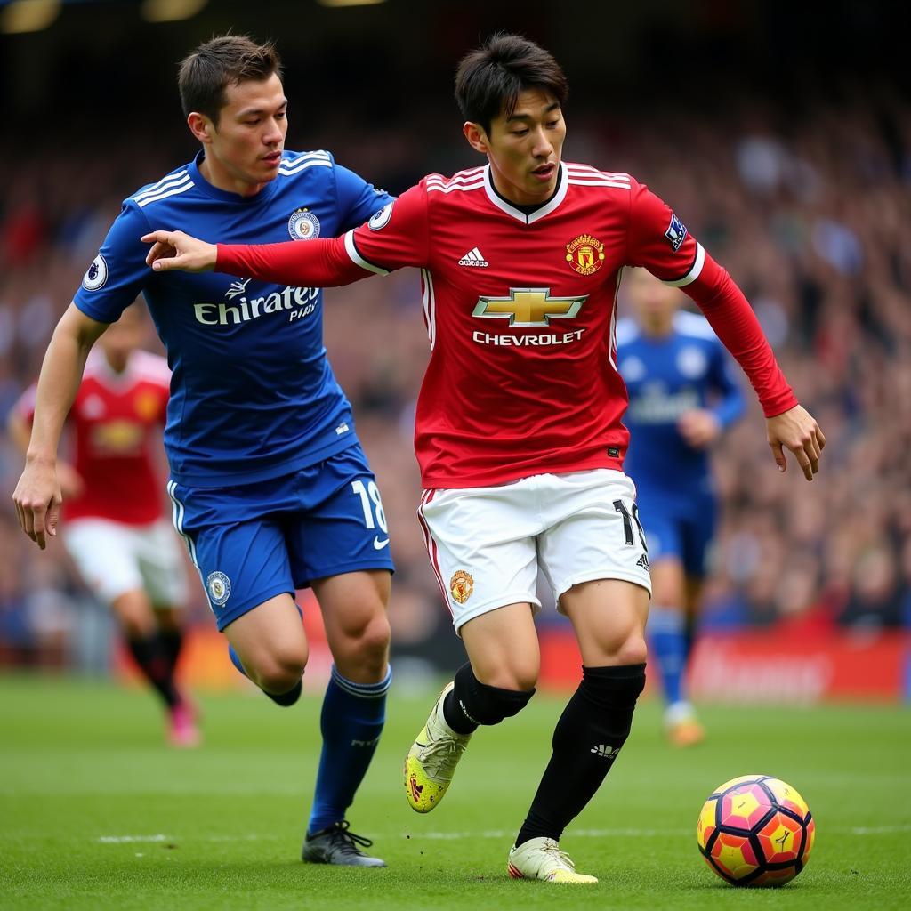 Park Ji-Sung in action for Manchester United, showcasing his tireless midfield presence and dynamism.