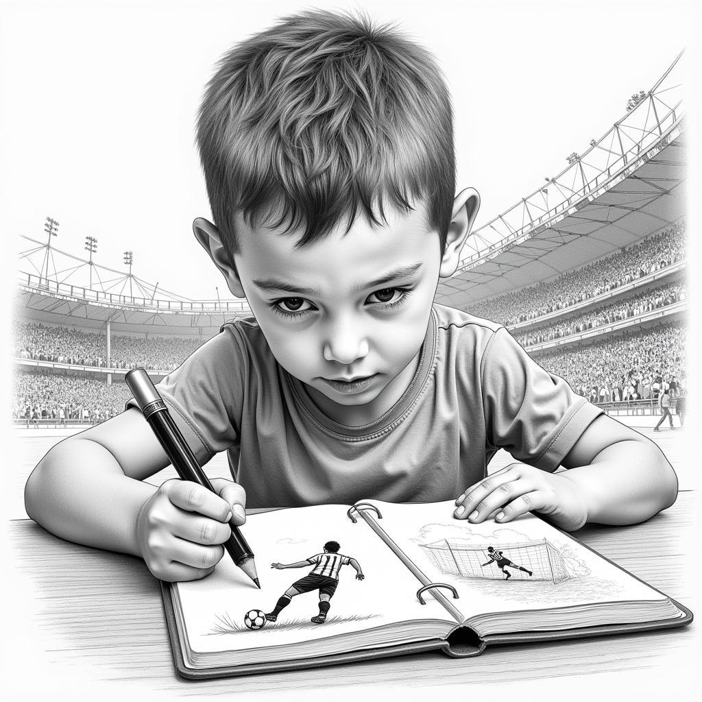 Young boy drawing a football scene visualizing himself scoring a winning goal