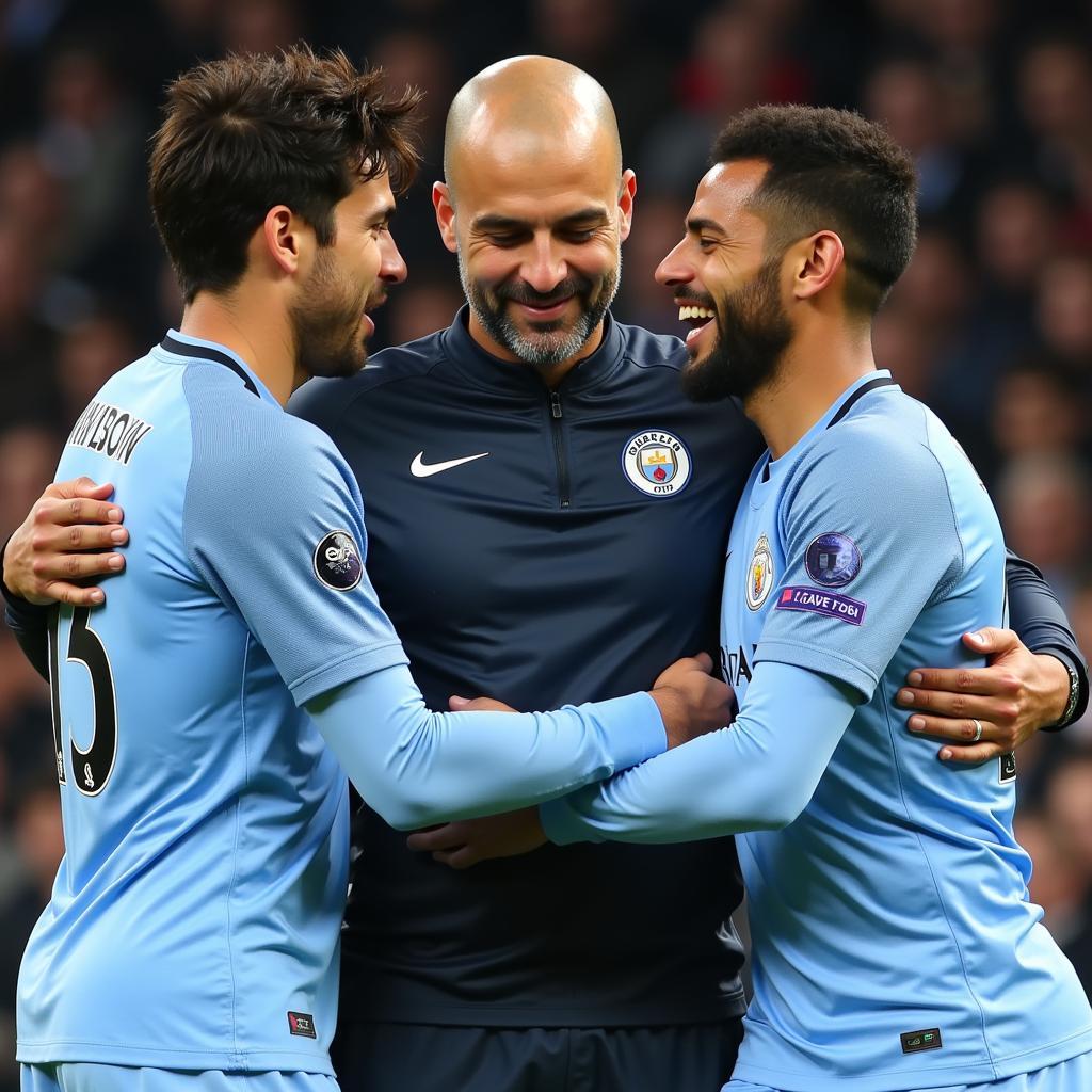 Pep Guardiola celebrating with his players