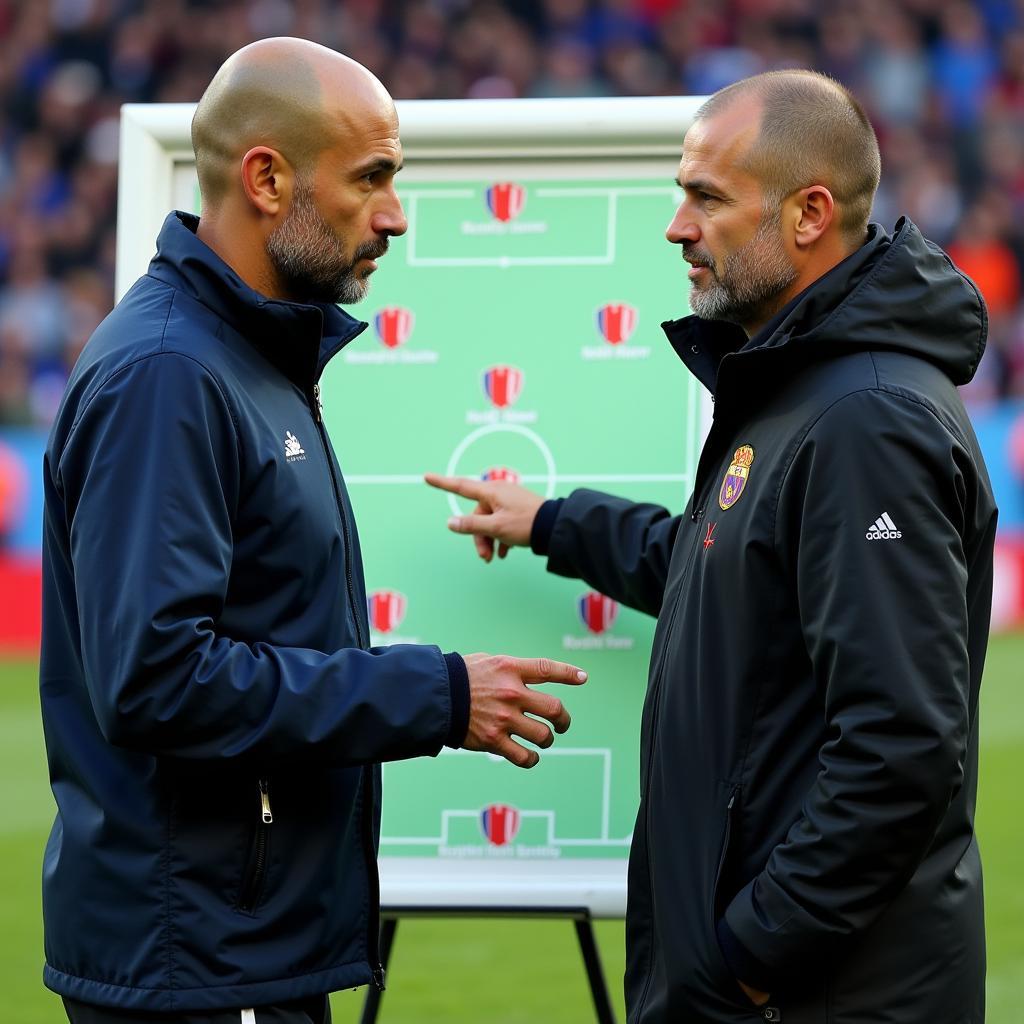 Pep Guardiola and Erling Haaland discussing tactics during half-time