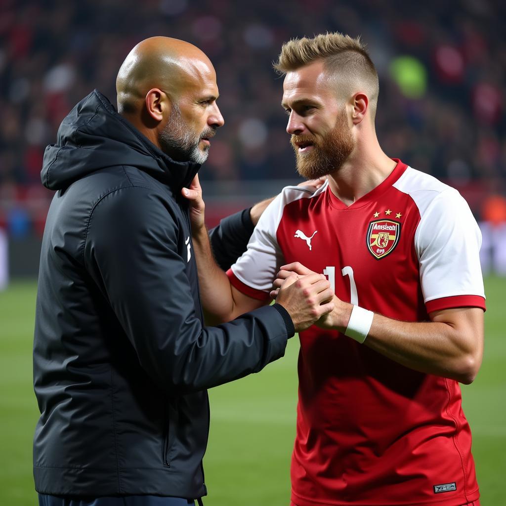 Pep Guardiola motivating Erling Haaland during a half-time talk