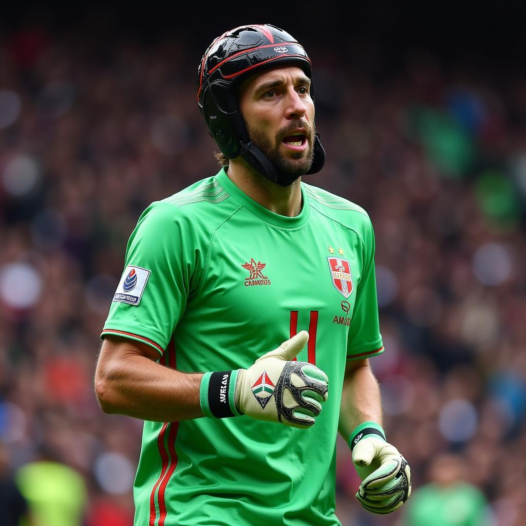 Petr Cech wearing his protective headgear.