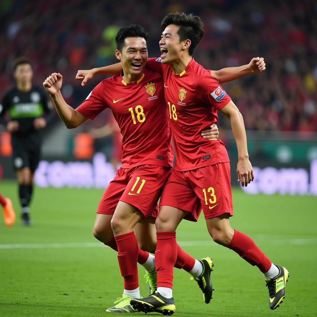 Pham Duc Huy Cao celebrating a goal with his teammates.