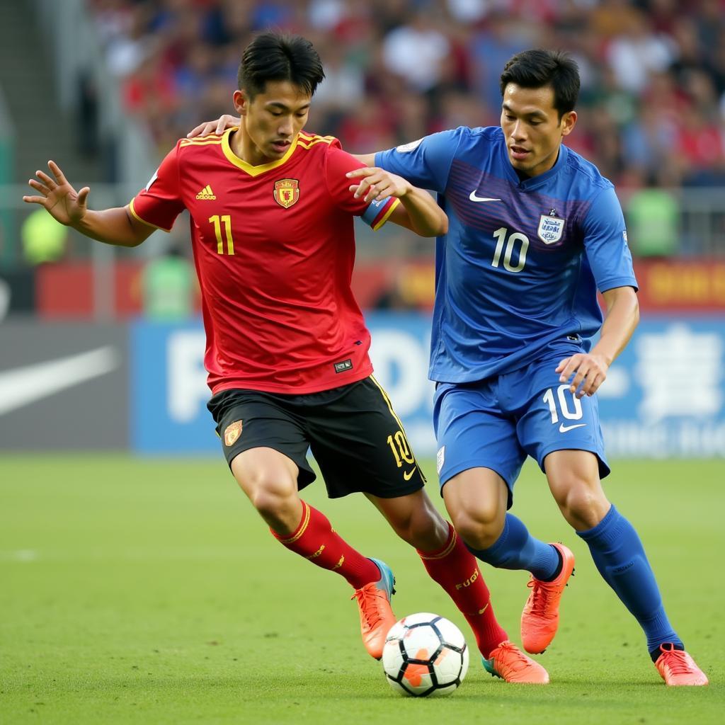 Pham Duc Huy Cao skillfully dribbling the ball past an opponent during a football match.