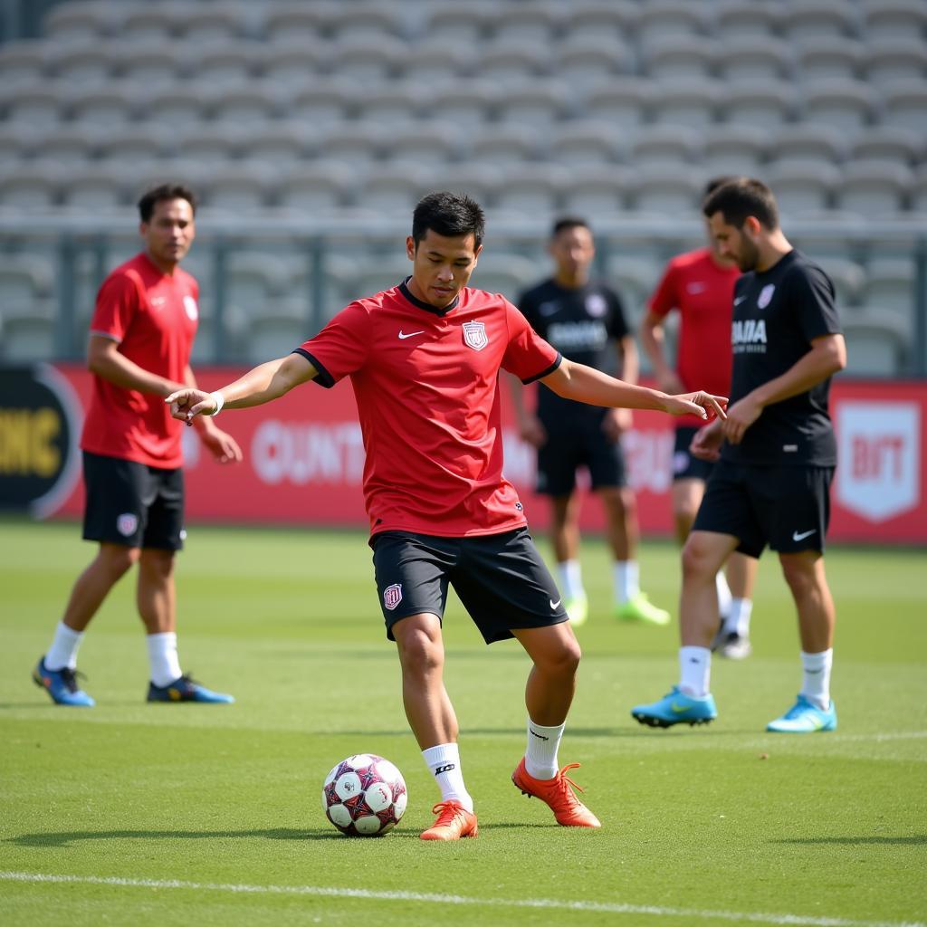 Pham Duc Huy Cao practicing his skills during a football training session.