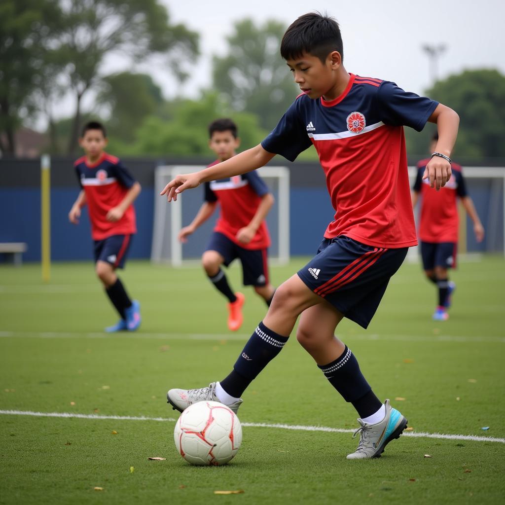 Young Filipino footballers training at an academy.