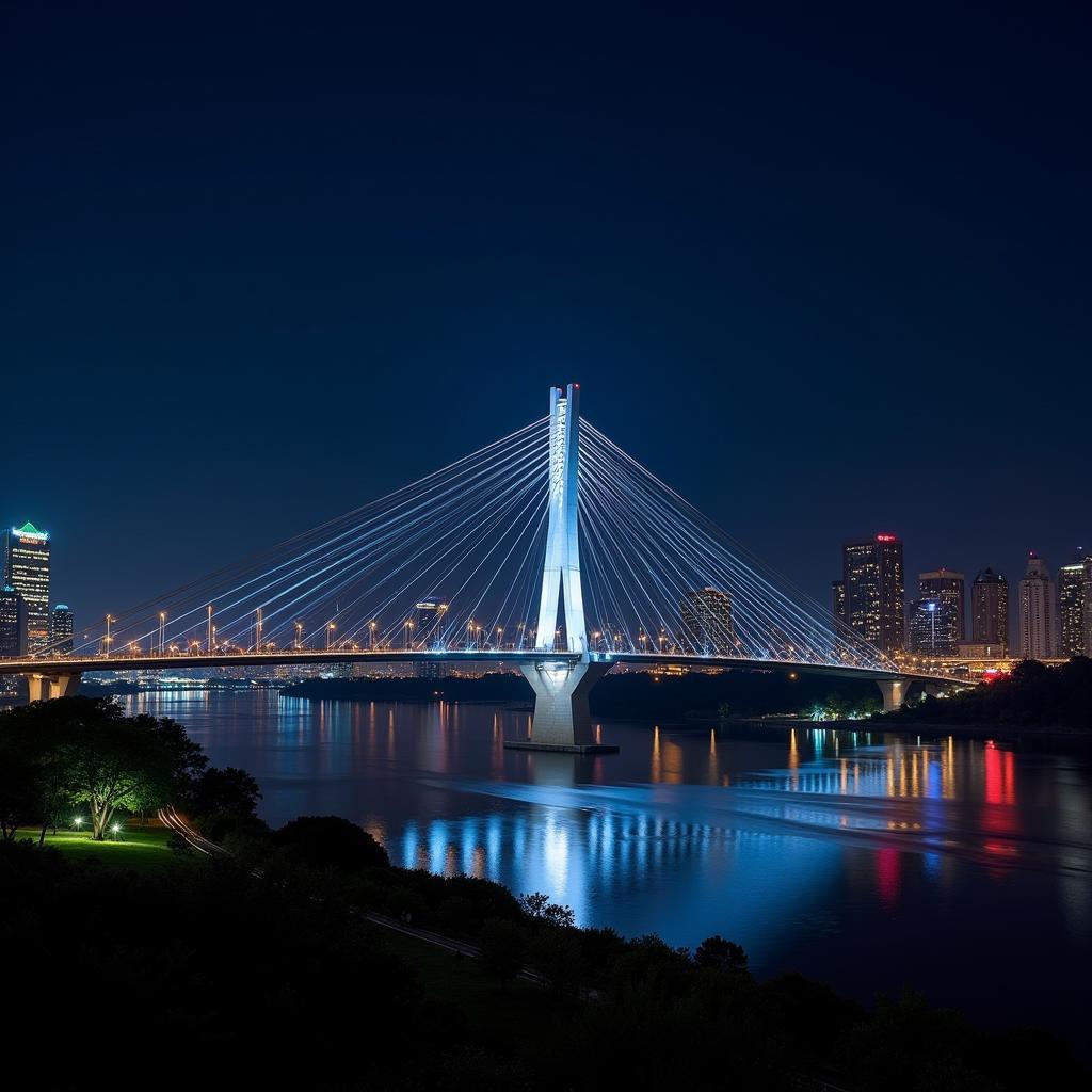 Phu My Bridge illuminated at night in Thu Duc District