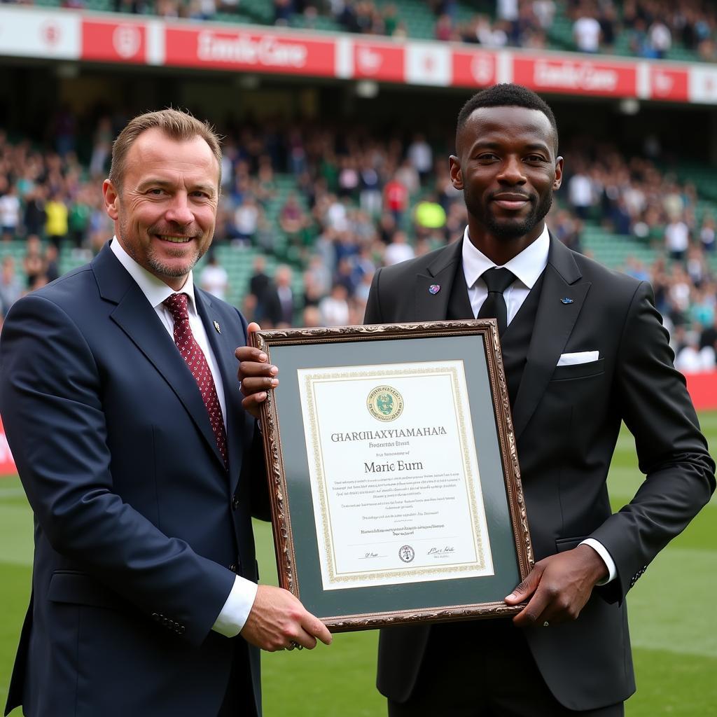 A football player receiving his citizenship certificate, marking his eligibility to play for his adopted country.