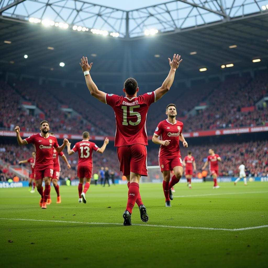 A football player celebrates scoring a goal