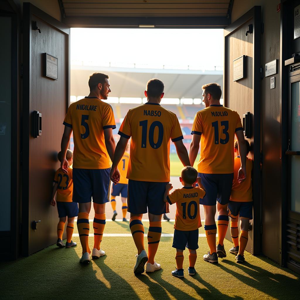 Players walking out with kids from the tunnel