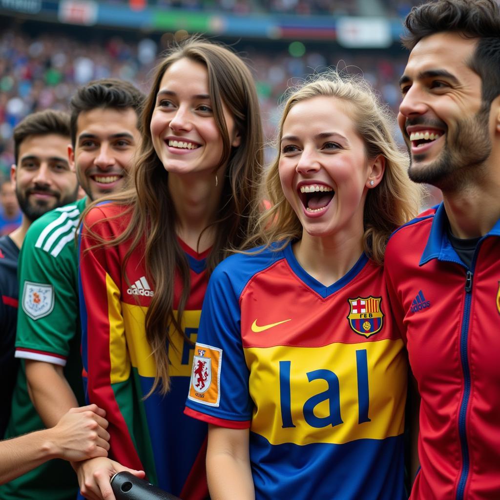 Fans from different countries celebrating together after a football match