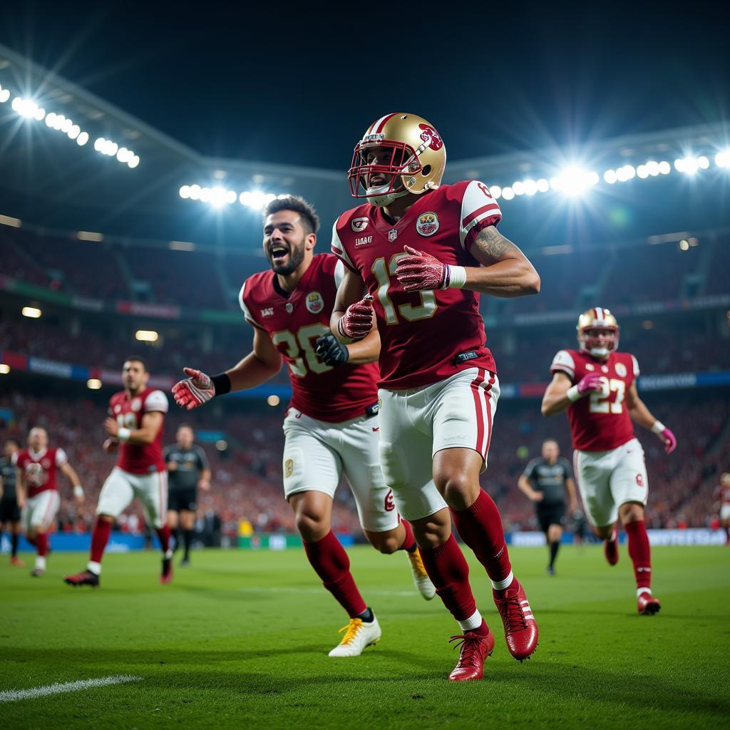 Professional football player celebrating a goal with teammates