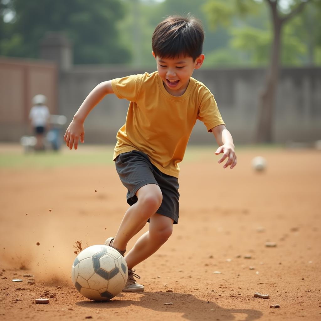 Quang Hai playing football as a child