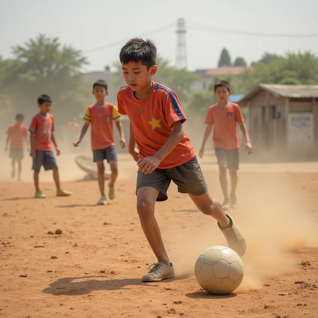 Quang Hai practicing football as a child in his hometown