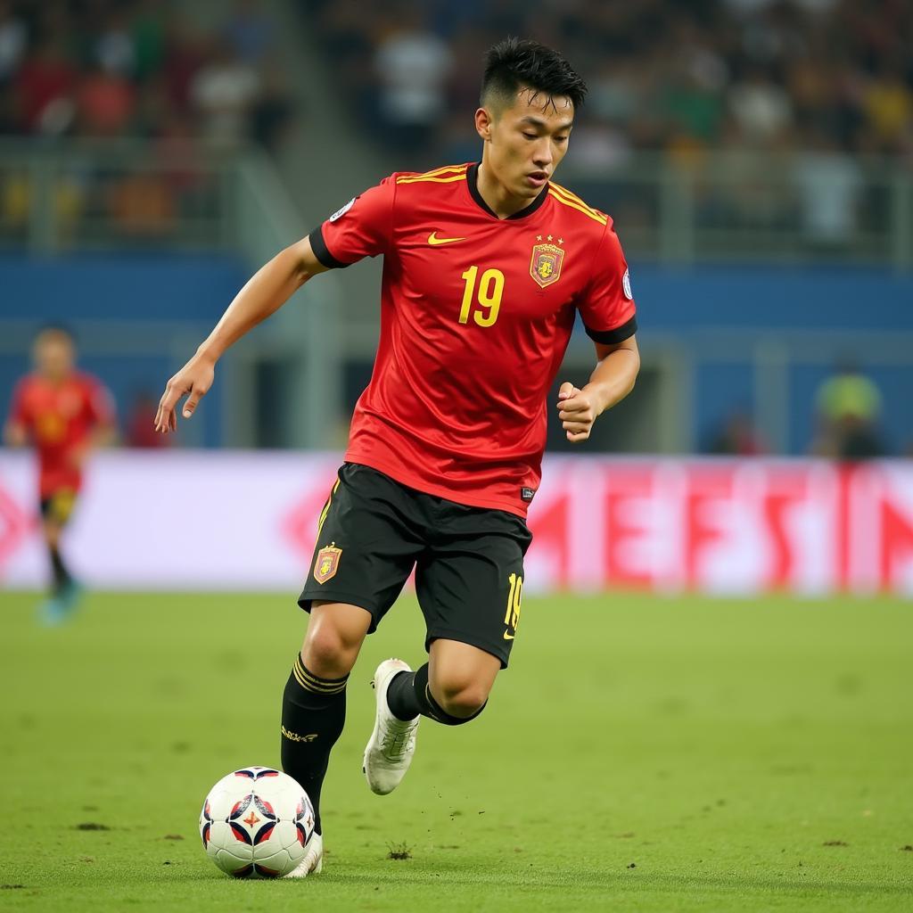 Quang Hai playing for Hanoi FC wearing the number 19 jersey