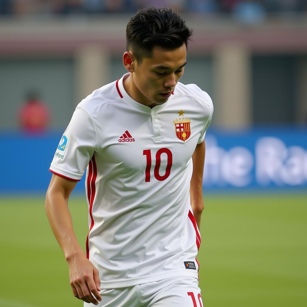 Quang Hai training intensely in his white jersey, focused on improving his skills.