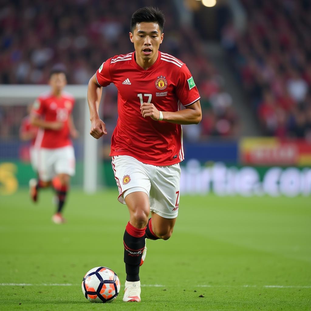 Quang Hai, the Vietnamese football star, dribbling the ball past an opponent during a match. His focused expression and skillful footwork are evident.