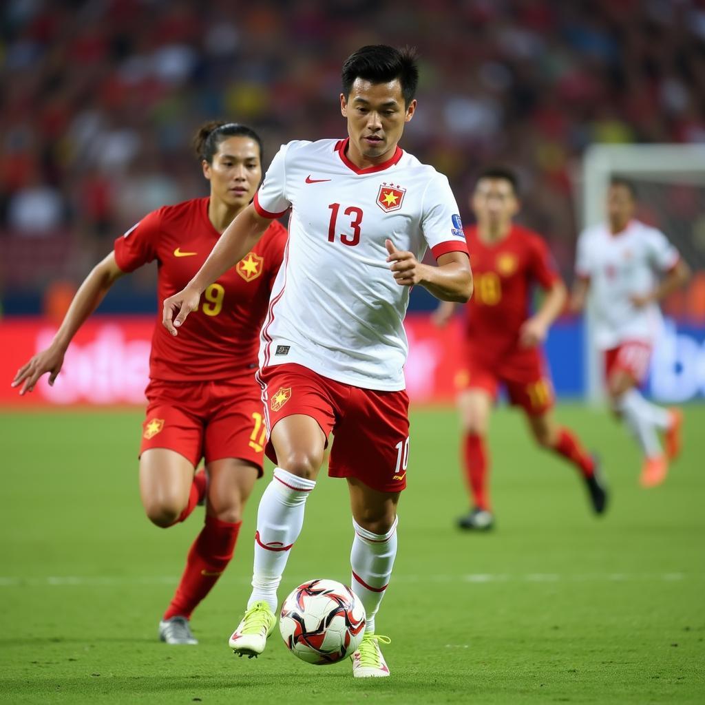 Quang Hai in action, wearing the white jersey of the Vietnam national team, dribbling past an opponent.