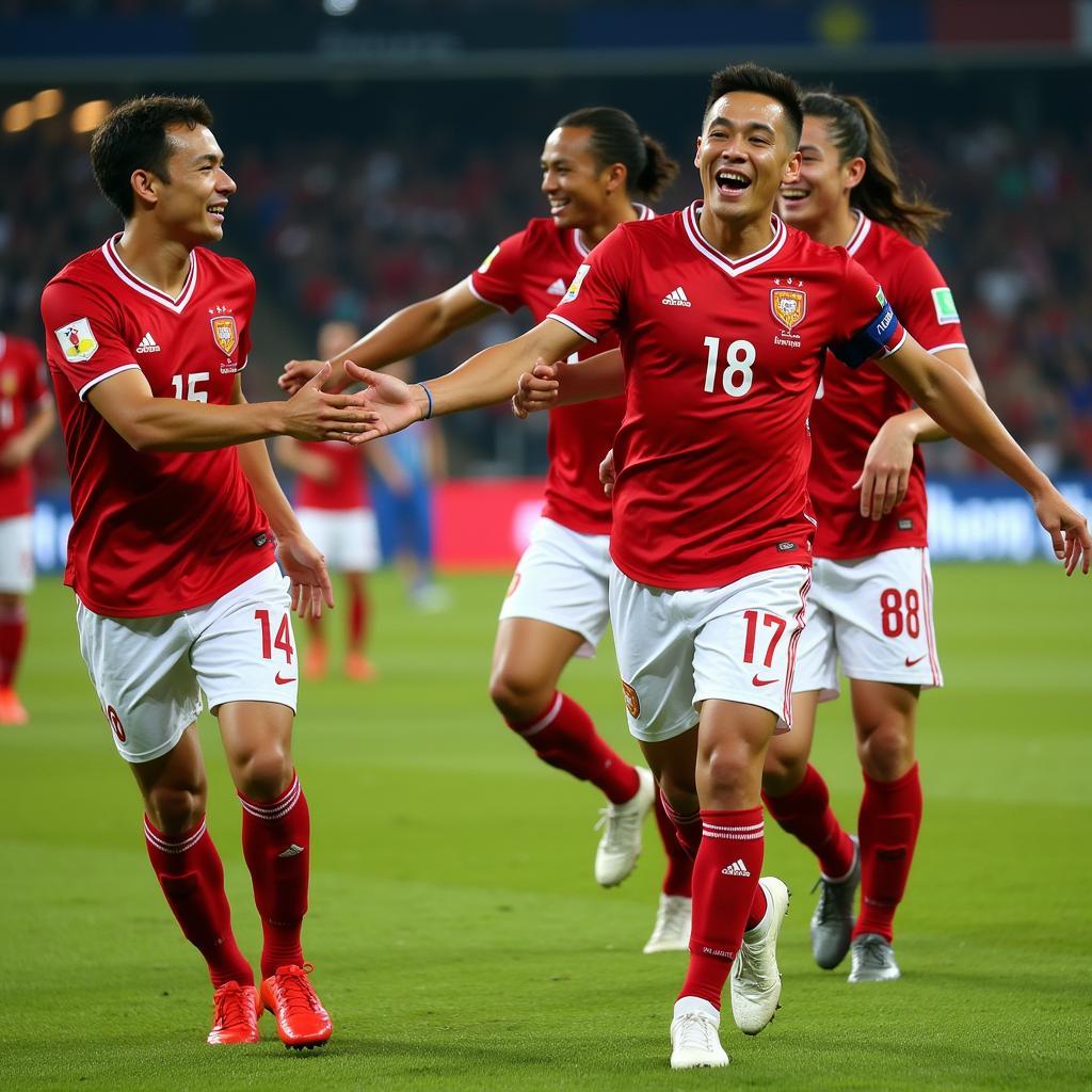 Quang Nho celebrating a goal with his HAGL teammates