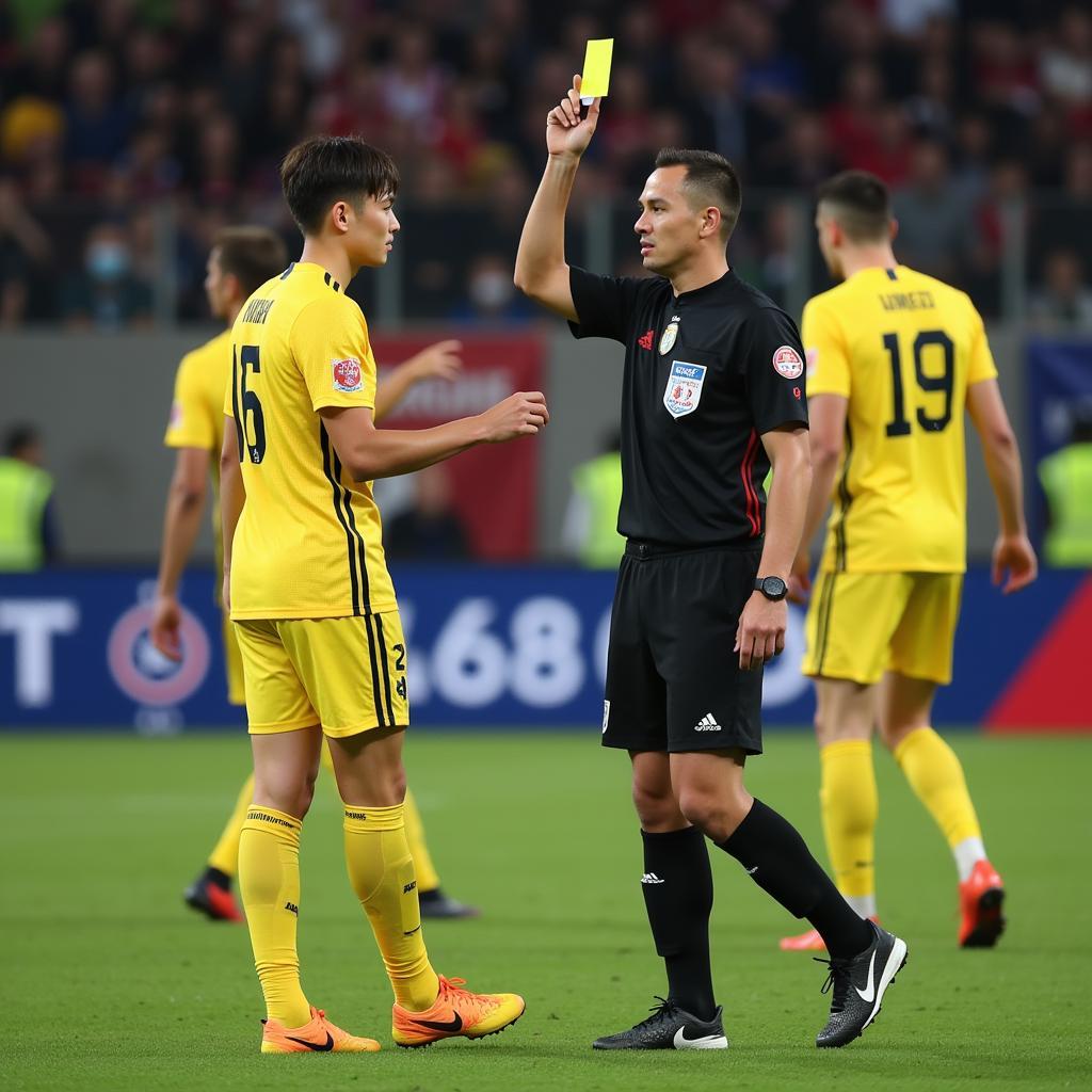 Que Ngoc Hai receiving a yellow card