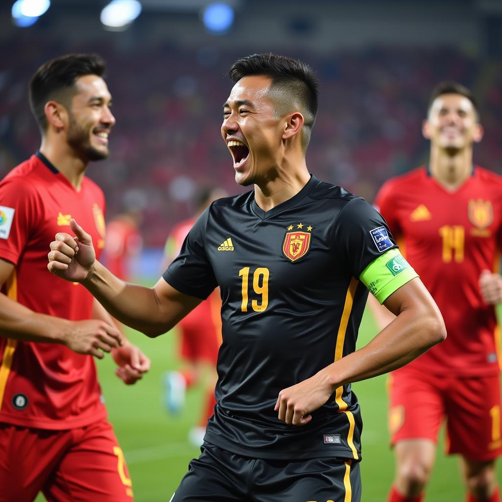 Que Ngoc Hai celebrates a victory as captain of the Vietnam national team.