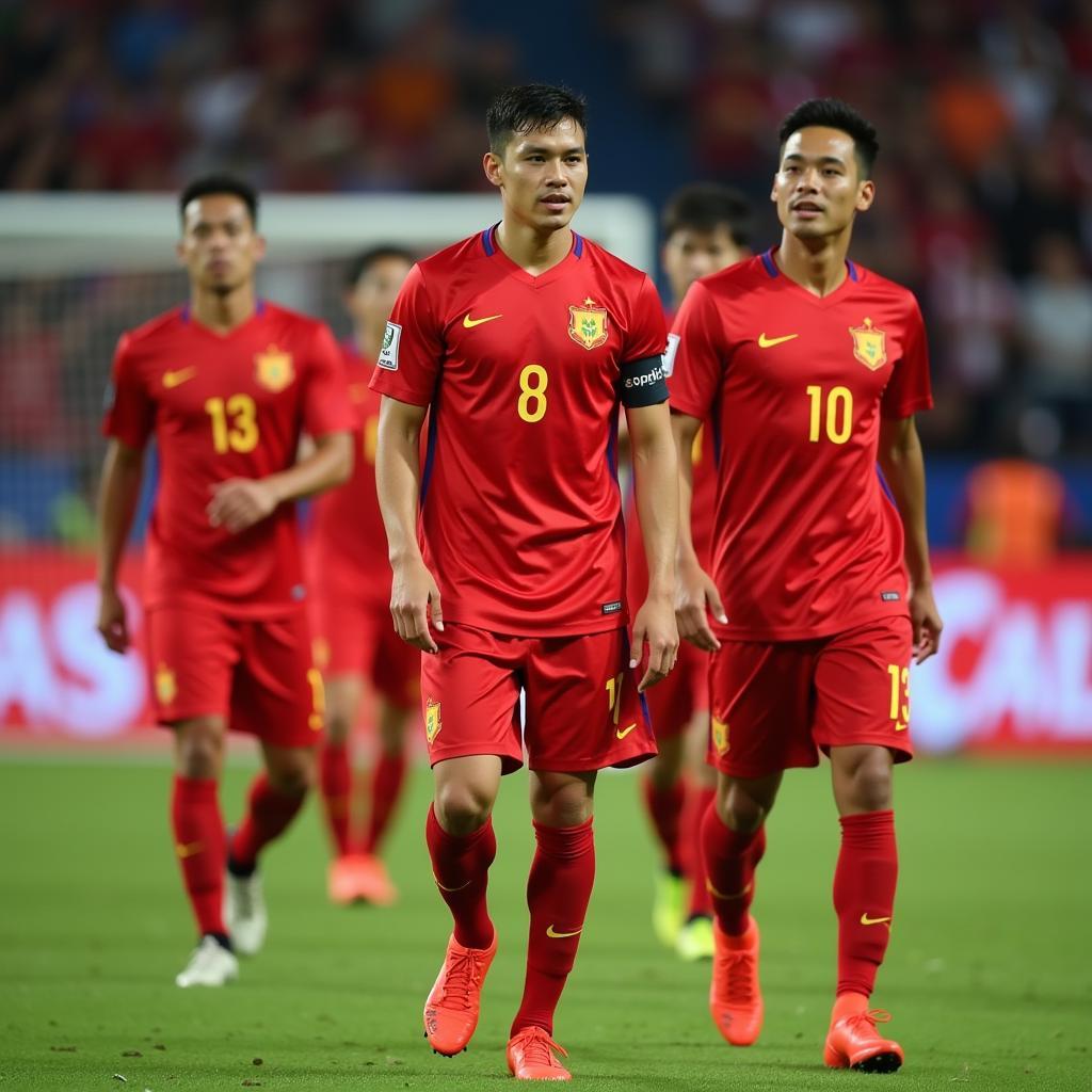 Que Ngoc Hai captaining the Vietnam national team, leading his team on the pitch.