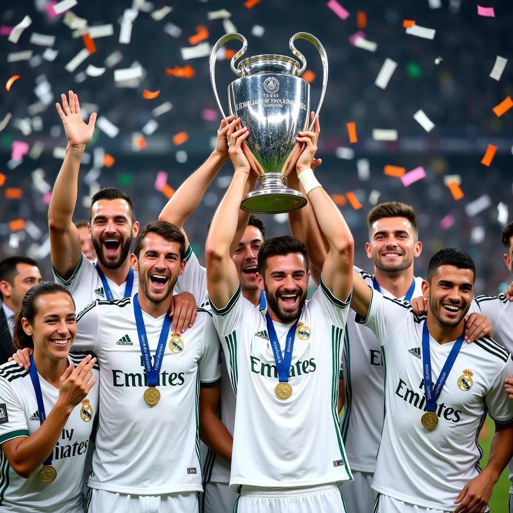 Real Madrid players celebrating their Champions League victory in 2018