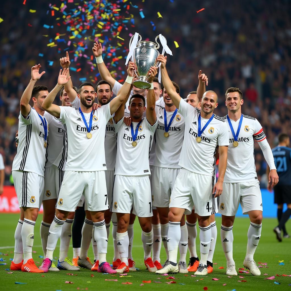 Real Madrid players celebrating a Champions League victory