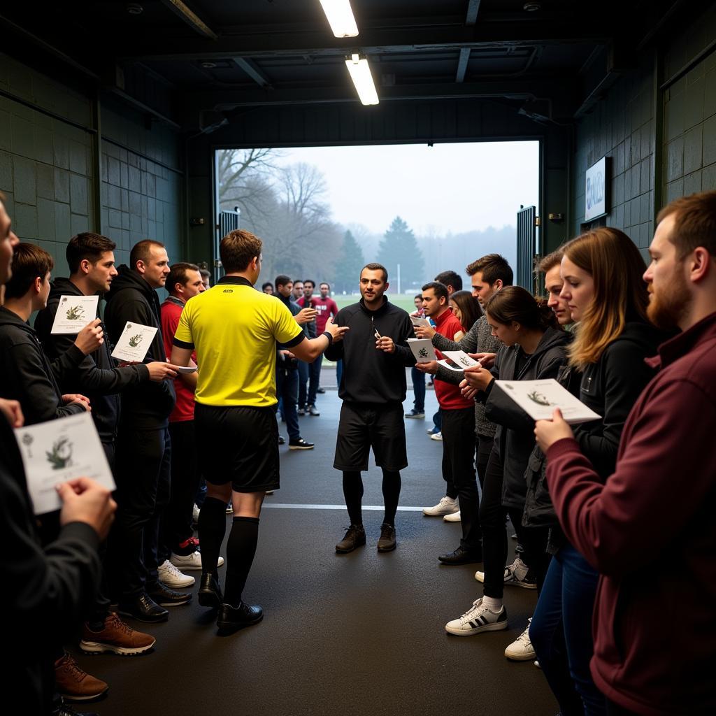 Fans seeking autographs from referee Haaland after a match.